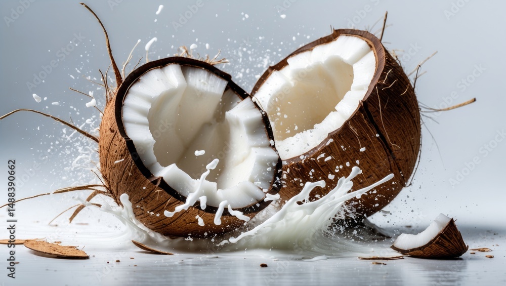 Poster coconut fractured in the air into two halves with milk splashes, isolated on a surface
