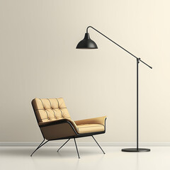 Tan leather armchair and floor lamp in minimalist room. Perfect for interior design websites or magazines