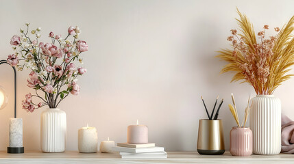 Calm autumn home decor; vases, candles, books, and dried flowers on a shelf; minimalist background; perfect for interior design blogs