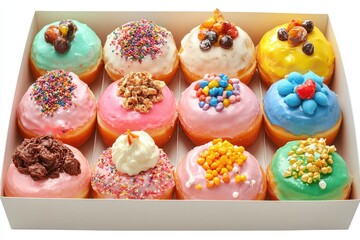 Assorted colorful donuts with various toppings in a box