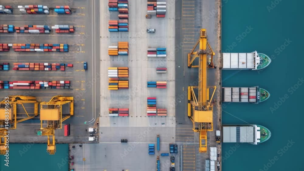 Poster Container ship loading and unloading at a busy port