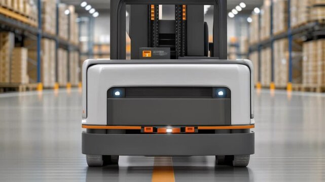 Autonomous forklift moving in modern warehouse storage