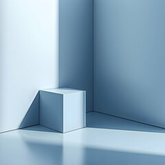 Fototapeta premium Minimalist blue cube display; sunlight in corner; clean background; product presentation
