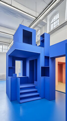 Blue modular play structure in a bright room, kids' play area in modern building, indoor playground design