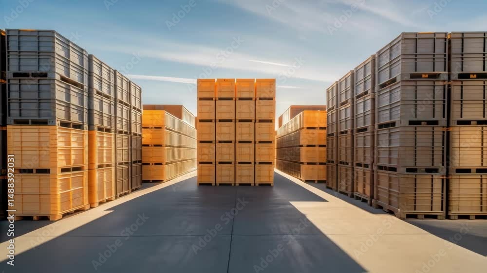 Poster Empty plastic crates stacked at distribution center during sunny day