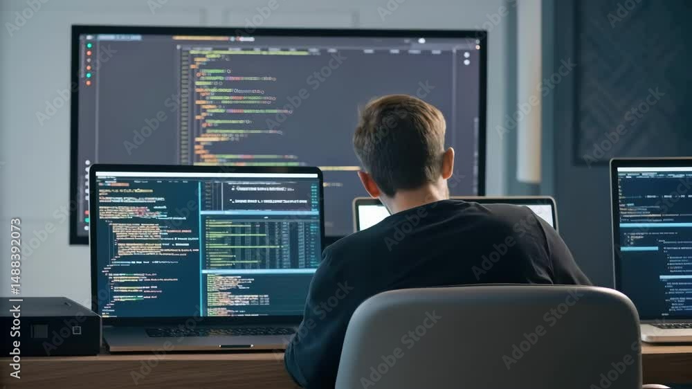 Aufkleber Software developer working on code on multiple screens