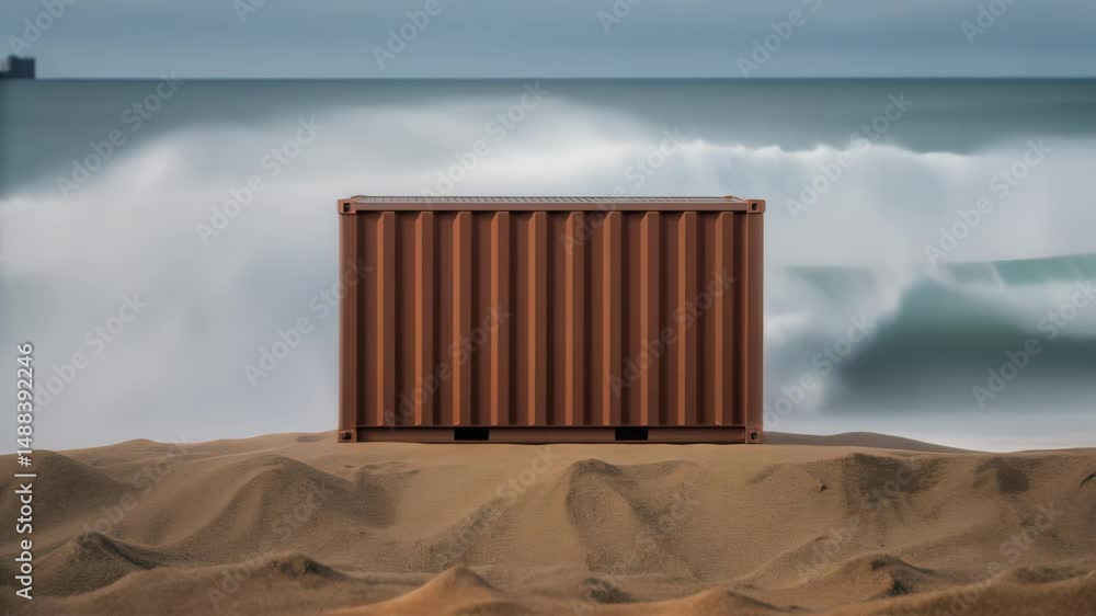 Poster cargo container standing on a sandy beach with ocean waves crashing