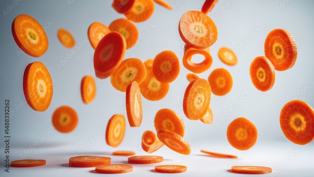 Poster Falling Slice of Carrot Isolated Against Background, Clipping Path, Full Depth of Field