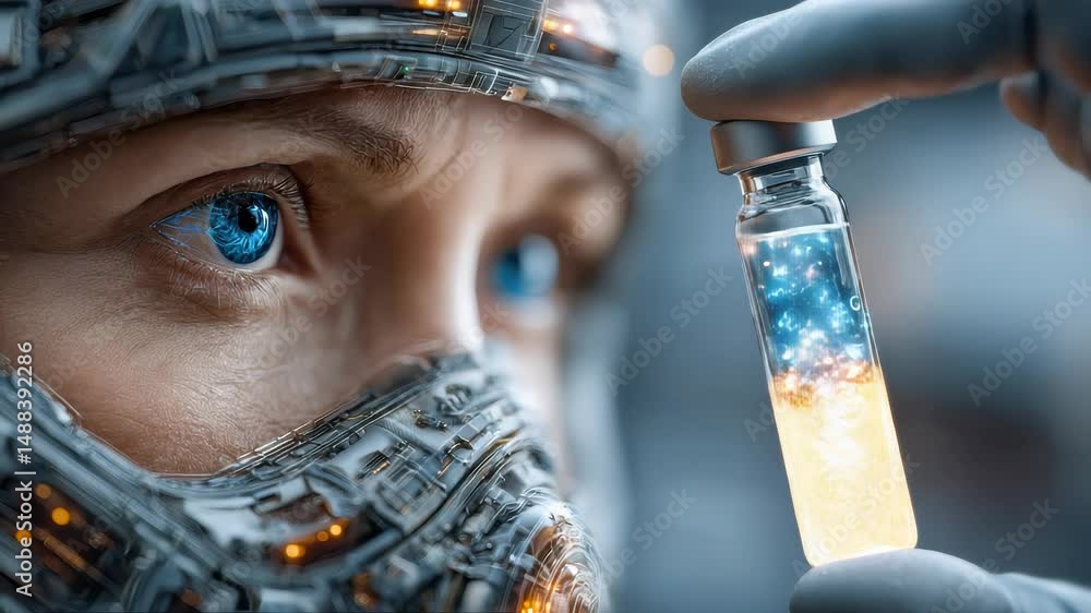 Poster futuristic healthcare worker in a robotic exosuit examining a glowing vial filled with sparkling par