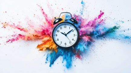 Colorful explosion surrounding a classic alarm clock