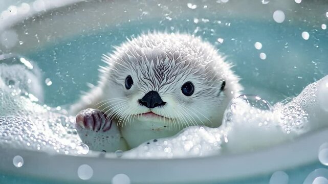 Playful Otter in a Tub: A captivating photograph of a baby otter frolicking in a bubbly tub, showcasing its adorable features, fluffy fur, and the joy of its playful interaction with water. 