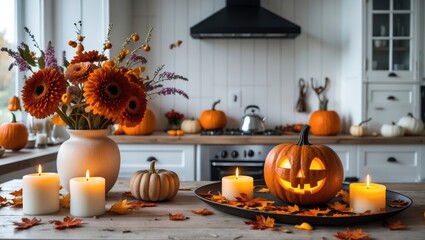 Obraz premium A tray featuring a jack-o-lantern, candles, and a floral vase set against the backdrop of a white, Scandinavian-style kitchen, embodying comfort and home with autumnal decorations.