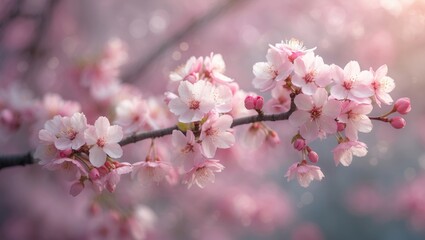 Cherry blossom spring branch. Detailed view of pink blooms.