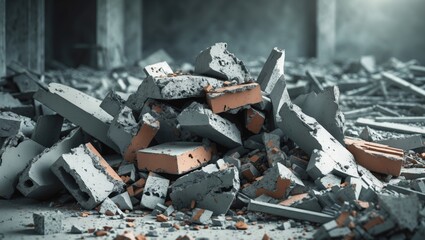 A detailed view of construction waste showcasing shattered concrete, sharp stones, and broken materials. The coarse, irregular texture emphasizes the disorder of the debris.