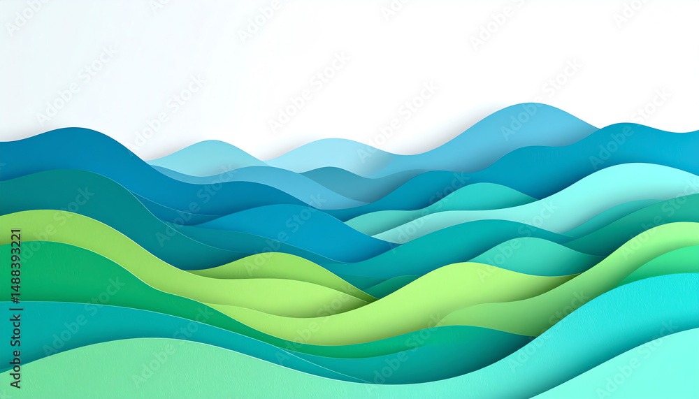 Poster abstract layered waves in varying shades of blue and green create a serene and modern visual, evokin