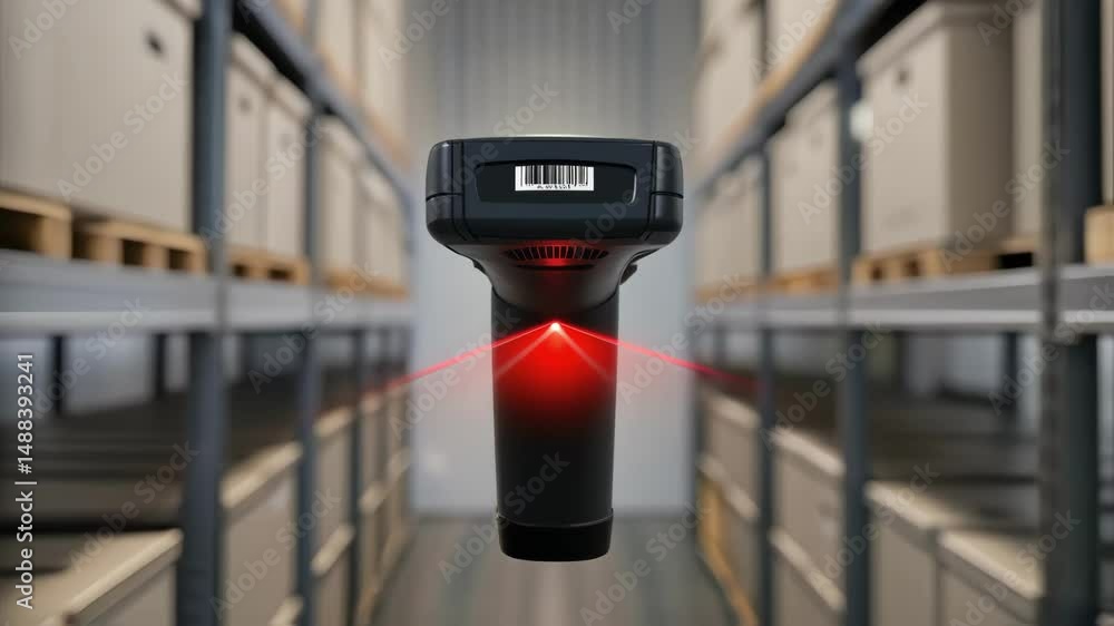 Poster barcode scanner floating in warehouse corridor scanning packages