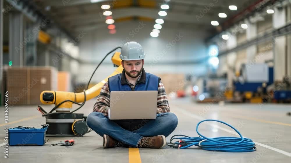 Poster Engineer programming robotic arm with laptop in factory