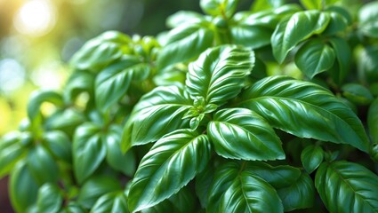 Macro shot of tulsi plant leaves in a home garden environment