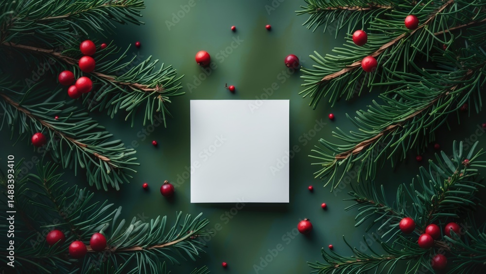 Aufkleber Unique layout consisting of Christmas tree branches paired with a paper card note. Flat lay format. Nature inspiration.