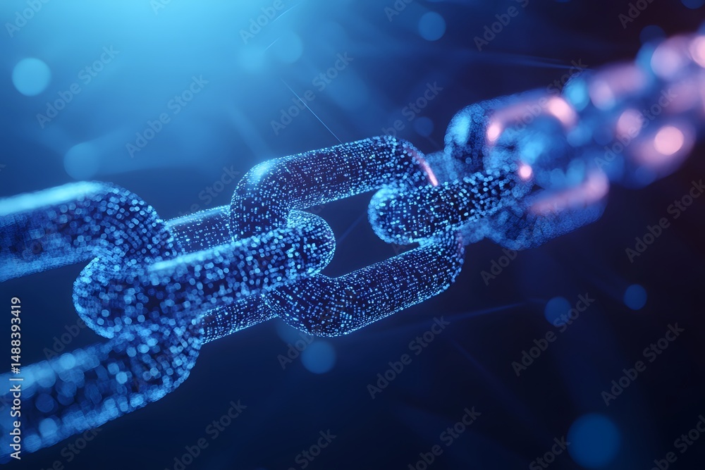 Poster digital representation of a blockchain with a blue glowing chain link illustrating connectivity and 