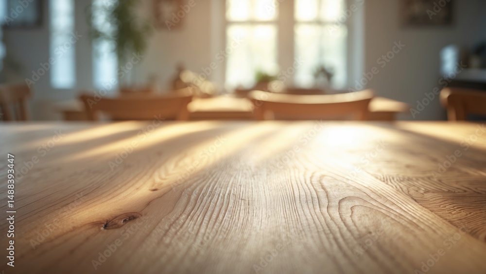 Poster sunlight illuminating a wooden table with empty surface in a cozy home interior