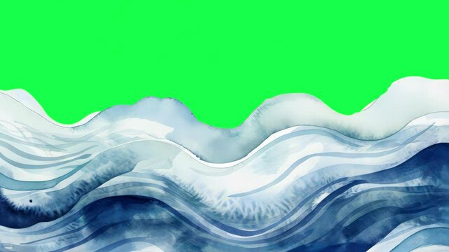 Blue watercolor waves animation, transparent 4K video, green screen
