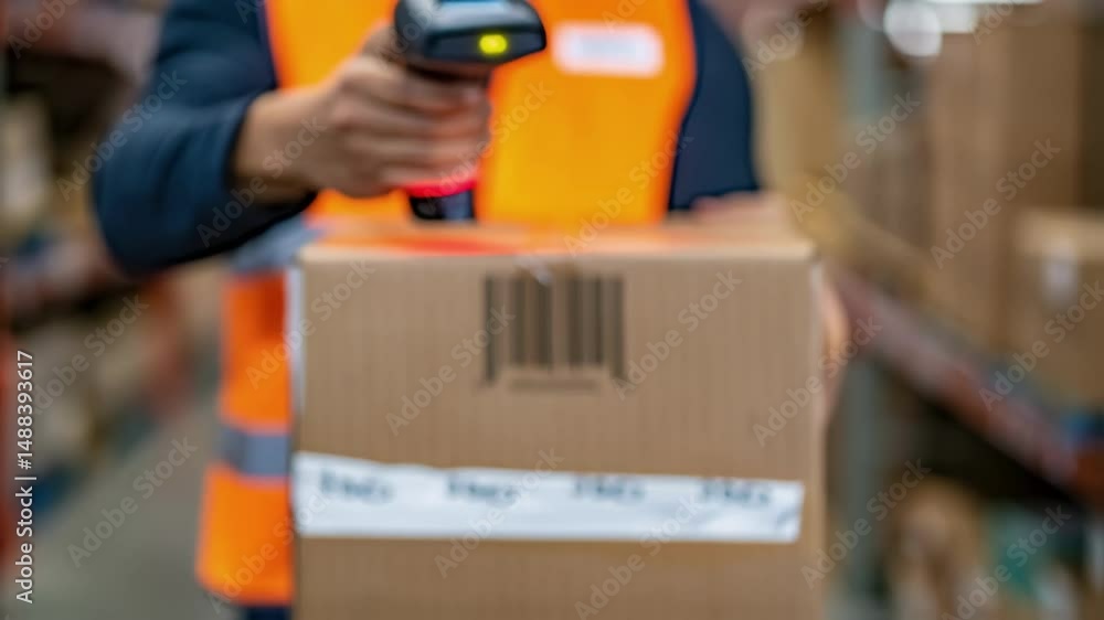 Aufkleber warehouse worker scanning barcodes on cardboard boxes