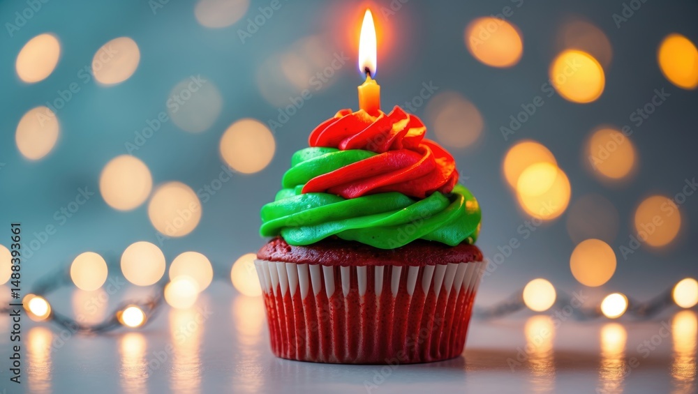 Poster delectable cupcake with multicolored icing and a glowing candle on a white table against a backdrop,