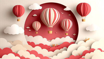 Colorful hot air balloons float above stylized clouds and a circular backdrop, creating a whimsical and imaginative scene