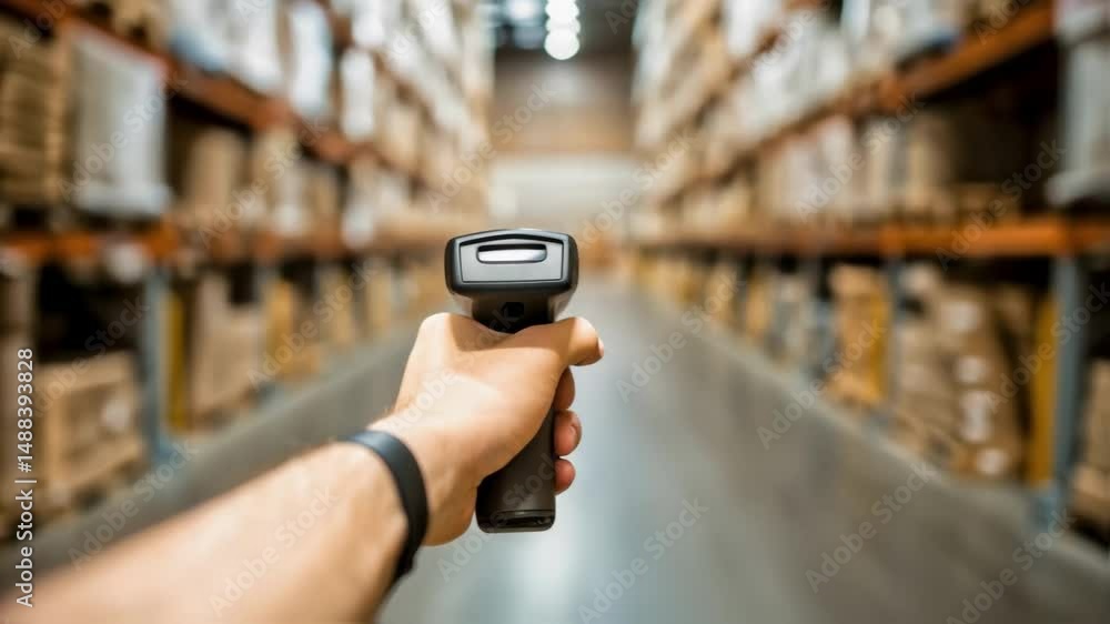 Poster Warehouse worker scanning barcodes on boxes using barcode scanner