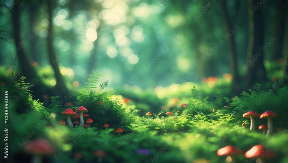 Poster peaceful panoramic landscape of a remote forest glade with soft rays filtering through vibrant veget