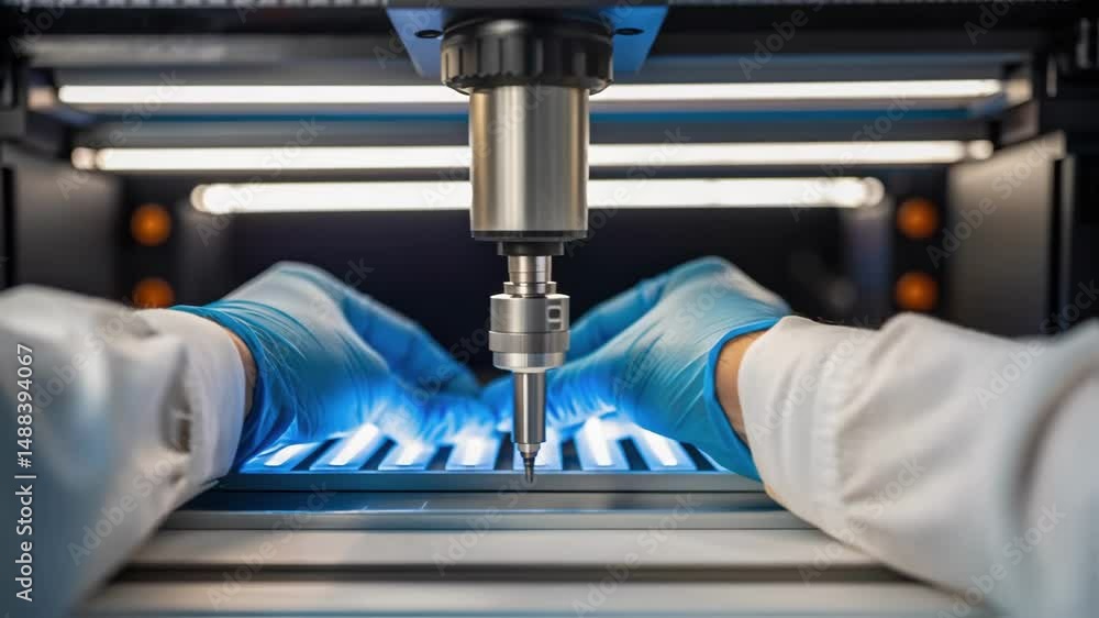 Aufkleber Gloved hands positioning microchip for automated machinery processing