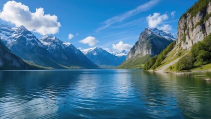 Naklejka premium Capture of breathtaking landscape featuring a lake, mountains, and cliffs