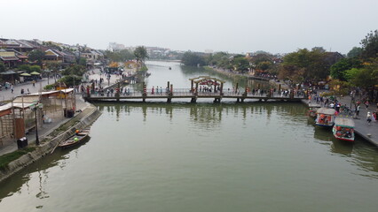 Fototapeta premium Drone Shot of Iconic An Hoi Bridge at Hoi An Ancient Town