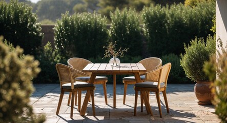 Fototapeta premium Outdoor dining table placed on a patio with shrubs in view