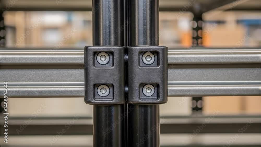 Poster Close up on adjustable shelf bracket securing metal beams in warehouse