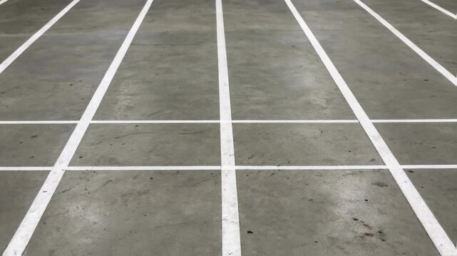 Empty parking garage showing white lines on concrete floor