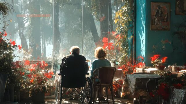 Elderly man in a wheelchair sitting beside a woman in a cozy floral cafe, both facing a large window with dreamy, sunlit garden views
