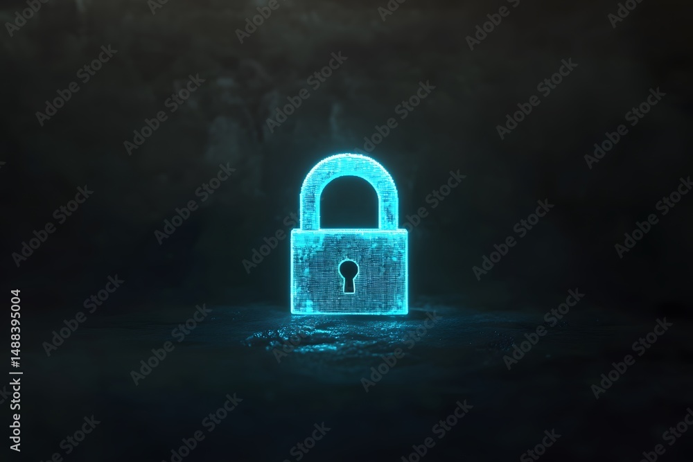 Poster digital security concept with illuminated blue padlock representing data protection and cyber safety