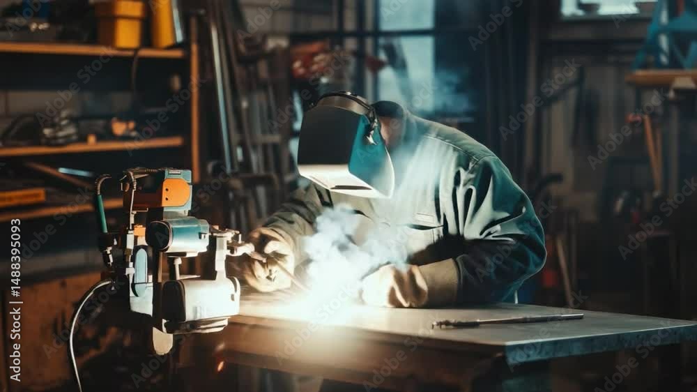 Aufkleber welder in action creating sparks during metal work in workshop with tools and equipment present in i