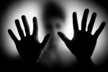 Hands pressed against a foggy surface with a silhouette behind