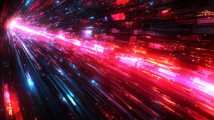 Streaking light through tunnel of glowing blocks in vibrant hues of red and blue