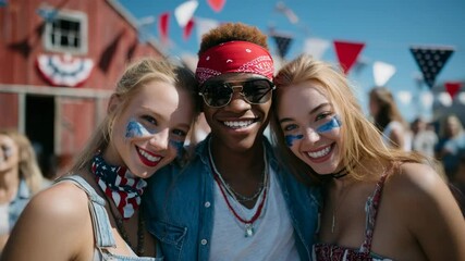 Happy Friends at Independence Day Festival with Celebrating Crowd - Powered by Adobe