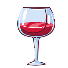 Red wine glass doodle style. Vector illustration of alcohol drink in cartoon style, transparent blue glass and deep red drink. Wine glass doodle for sticker or bar menu or restaurant design.