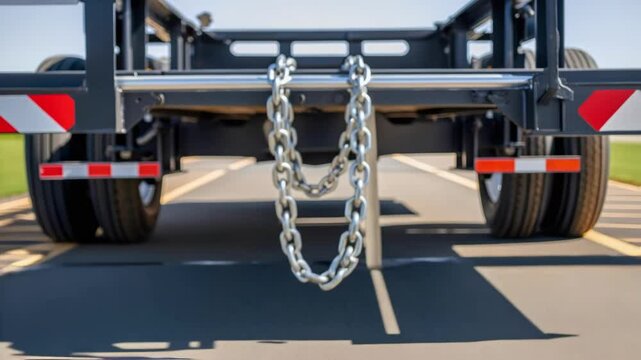Safety chain swinging under empty flatbed trailer