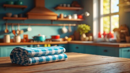 Plaid towel resting on a wooden surface. Area for text