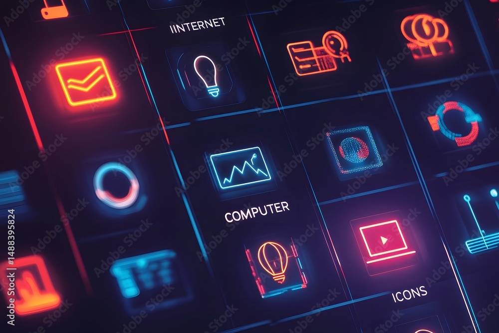 Poster digital technology interface with illuminated icons representing internet and computer functions