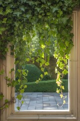 Old wooden front door to a stone building with ivy and plants in a garden