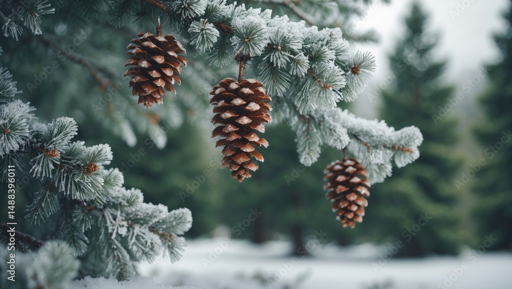 Poster intimate view of a spruce pine cone hanging from a green evergreen tree dusted with white snow and h