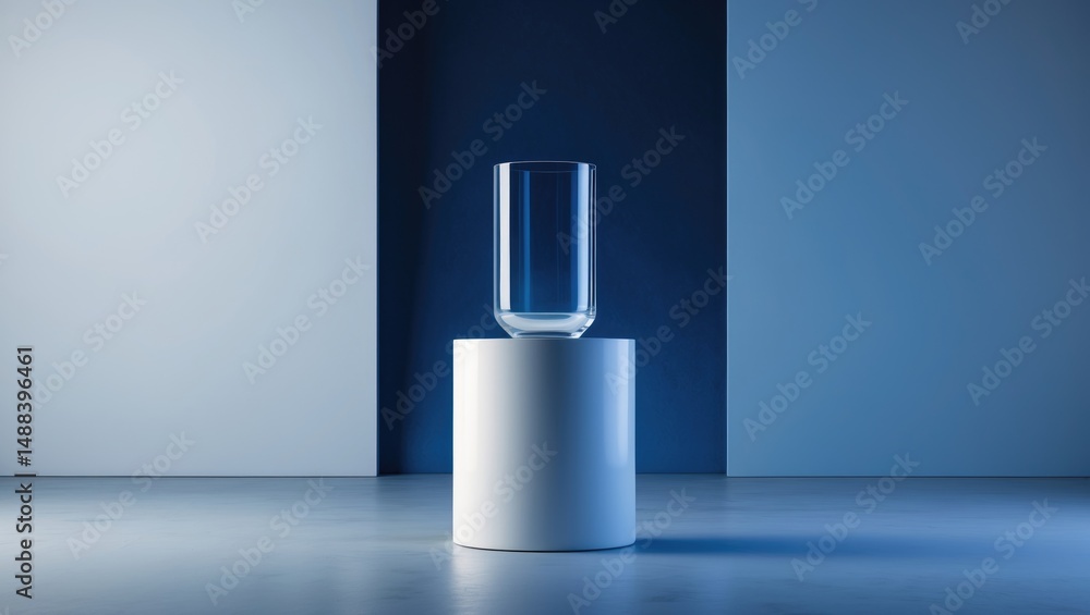 Aufkleber Pedestal against a blue backdrop featuring an empty cylinder. Abstract geometric object from a minimalist studio. Mockup space for showcasing product designs.